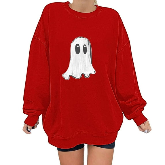 Jsaierl Womens Halloween Sweatshirts Funny Ghost Print Oversized Sweatshirts Crew Neck Loose Fit Pullover Tops Long Sleeve Fall Sweat Shirt Halloween Clothes