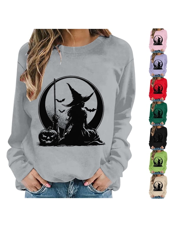 Womens Halloween Sweatshirts Funny Witch Graphic Pullovers Fall Holiday Round Neck Long Sleeve Sweater Tops Halloween Party Supplies, Sizes S-2XL