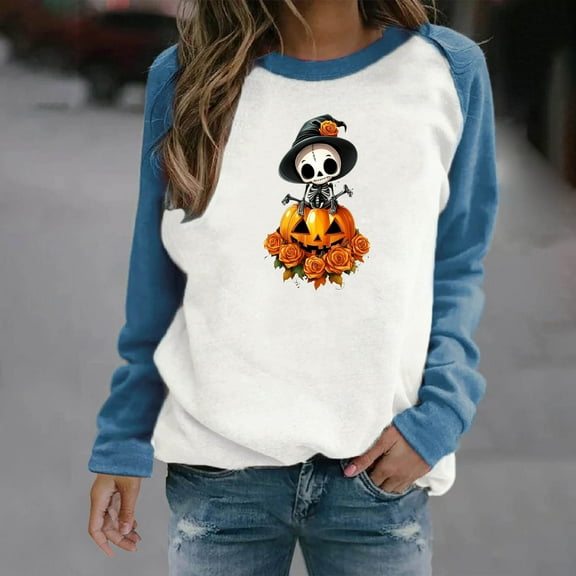 Jsaierl Womens Halloween Sweatshirts Plus Size Pumpkin Ghost Graphic Sweatshirt Classic Round Neck T-shirt Long Sleeve Holiday Pullover Tops Halloween Party Supplies