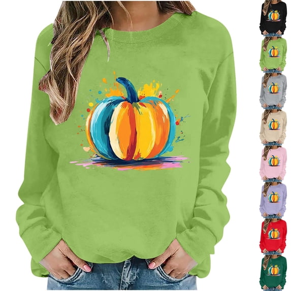 Jsaierl Womens Halloween Sweatshirts Plus Size Pumpkin Graphic Pullovers Soft Classic Round Neck Long Sleeve Shirt Tops Halloween Costumes, Sizes S-2XL