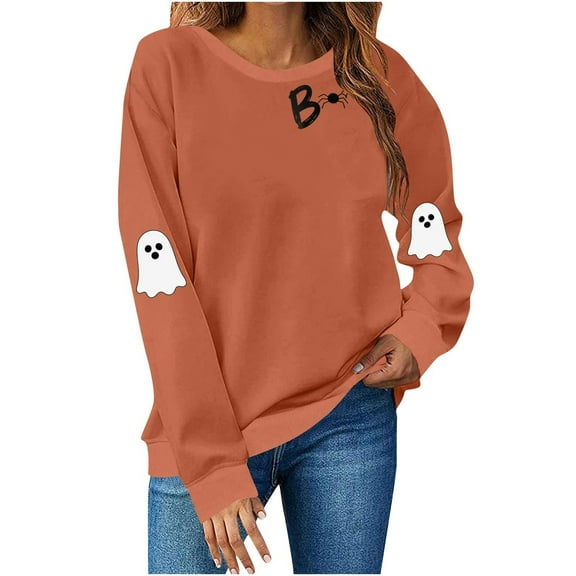 Jsaierl Womens Halloween Sweatshirts Spooky Pumpkin Ghost Graphic Sweatshirt Soft Crewneck T-shirt Long Sleeve Holiday Pullover Tops Halloween Party Supplies