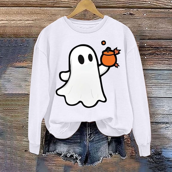Jsaierl Womens Halloween Sweatshirts Spooky Pumpkin Ghost Graphic Sweatshirt Stretch Crewneck T-shirt Long Sleeve Tunic Pullover Tops Halloween Gifts