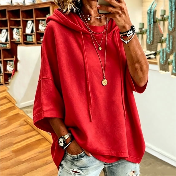 Jsaierl Womens Hoodies Casual Solid Color Hooded Sweatshirt Oversized Holiday Pullover Comfort 3/4 Sleeve Tops Fall Fashion S-2XL