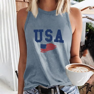 Jsaierl Womens Independence Day Tank Tops Funny Patriotic American Flag Graphic Tshirts Cute Sleeveless Tees Lightweight Crewneck Camisole Shirts Going Out Tops for Women