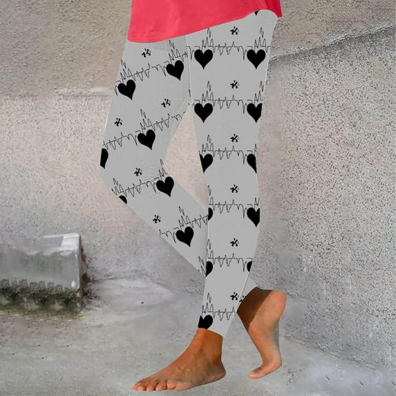 Jsaierl Womens Leggings Tummy Control Love Heart Print Tights Activewear Legging Pants Stretch Full Length Gym Leggings Womens Fashion