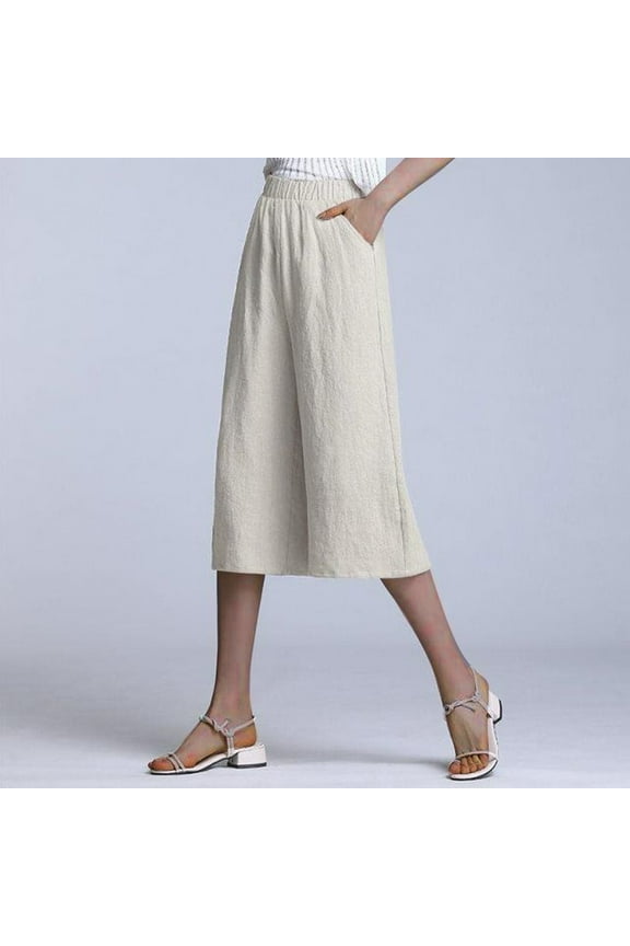 Womens Linen Capri Pants Summer Elastic Waist Capri Shorts Petite Wide Leg Cotton Skimmer Capris Lounge Solid Color Athletic Capris Women's Capris Under 10