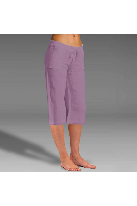 Womens Linen Capri Pants Summer High Waist Capri Shorts Petite Straight Leg Drawstring Skimmers Beach Solid Color Athletic Capris Womens Plus Size Capris
