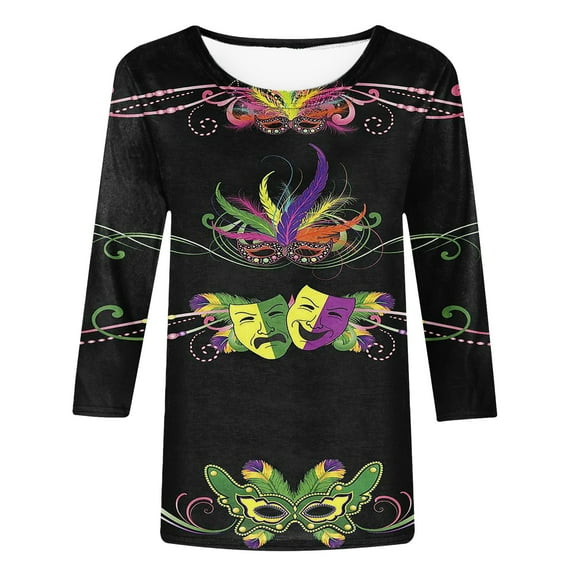Jsaierl Womens Mardi Gras Shirts 3/4 Length Sleeve Crewneck Tee Top Funny Mask Graphic Print 2025 Fashion Carnival Party Blouses