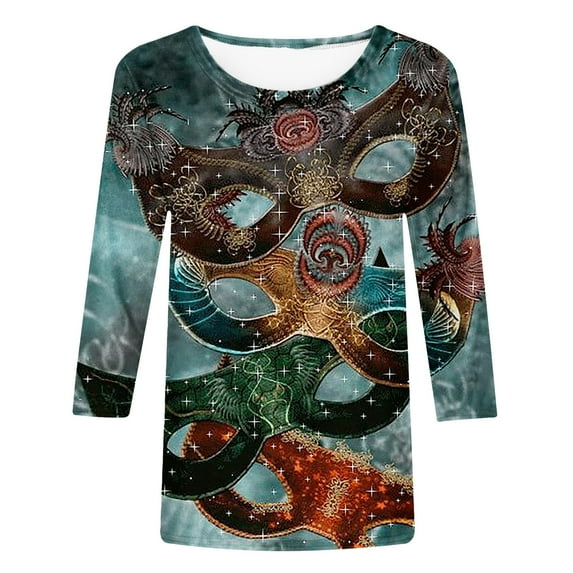 Jsaierl Womens Mardi Gras Shirts 3/4 Length Sleeve Crewneck Tee Top Funny Mask Graphic Print 2025 Fashion Carnival Party Blouses