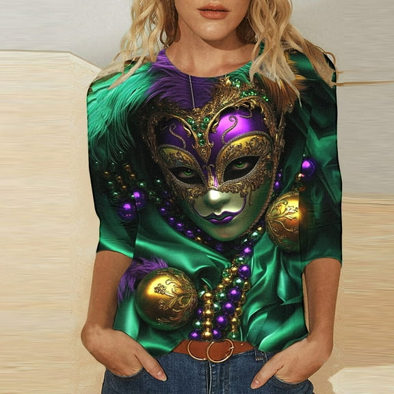 Jsaierl Womens Mardi Gras Shirts Cute Carnival Themed Mask Graphic Tees Oversized 3/4 Sleeve T Shirts Blouses Going Out Round Neck Gifts Tops