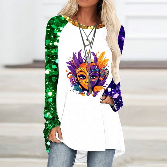 Jsaierl Womens Mardi Gras Shirts Funny Carnival Themed Mask Print Tees Loose Fit Long Sleeve T Shirts Blouses Dressy Casual Round Neck Tunic Tops