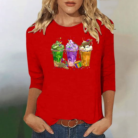Jsaierl Womens Mardi Gras Tshirts Funny Carnival Themed Mask Graphic Tees Soft 3/4 Sleeve T Shirts Blouses Dressy Casual Round Neck Tunic Tops