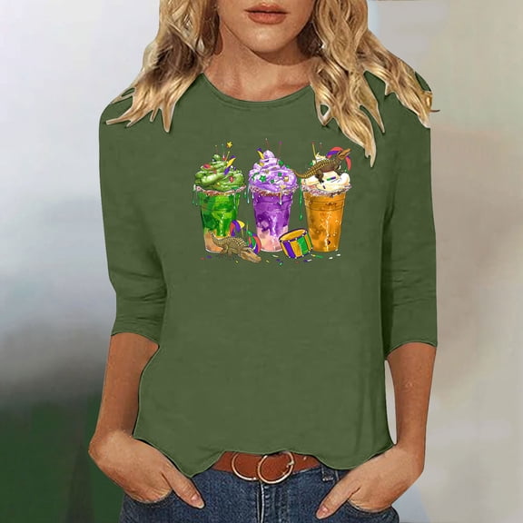 Jsaierl Womens Mardi Gras Tshirts Funny Carnival Themed Mask Graphic Tees Soft 3/4 Sleeve T Shirts Blouses Dressy Casual Round Neck Tunic Tops