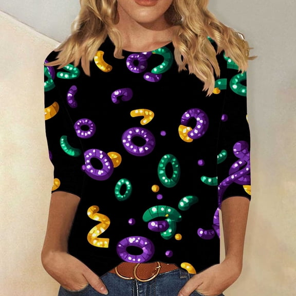 Jsaierl Womens Mardi Gras Tshirts Funny Carnival Themed Mask Graphic Tees Soft 3/4 Sleeve T Shirts Blouses Holiday Round Neck Tunic Tops