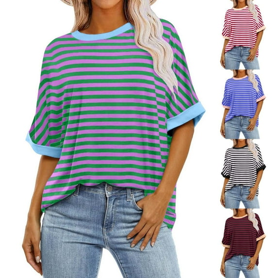 Jsaierl Womens Oversized T Shirts Loose Fit Crewneck Striped Short Sleeve Summer Casual Blouse 2025 Color Block Y2K Tee Tops