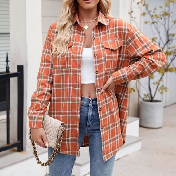 Jsaierl Womens Plaid Flannel Shirts Long Sleeve Fall Clothes Women Button Down Dress Shirt Jacket Work Collared Shirt Tops