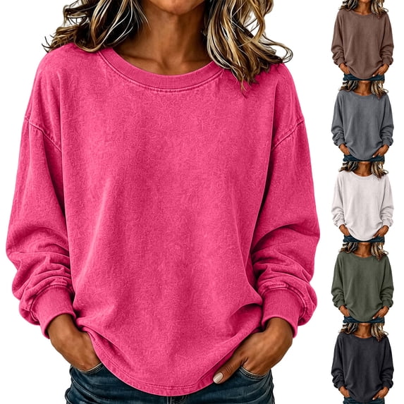 Jsaierl Womens Plus Size Lightweight Sweatshirts Fall Solid Color Crewneck Sweatshirt Cozy Athletic Pullover Retro Work Long Sleeve Tops