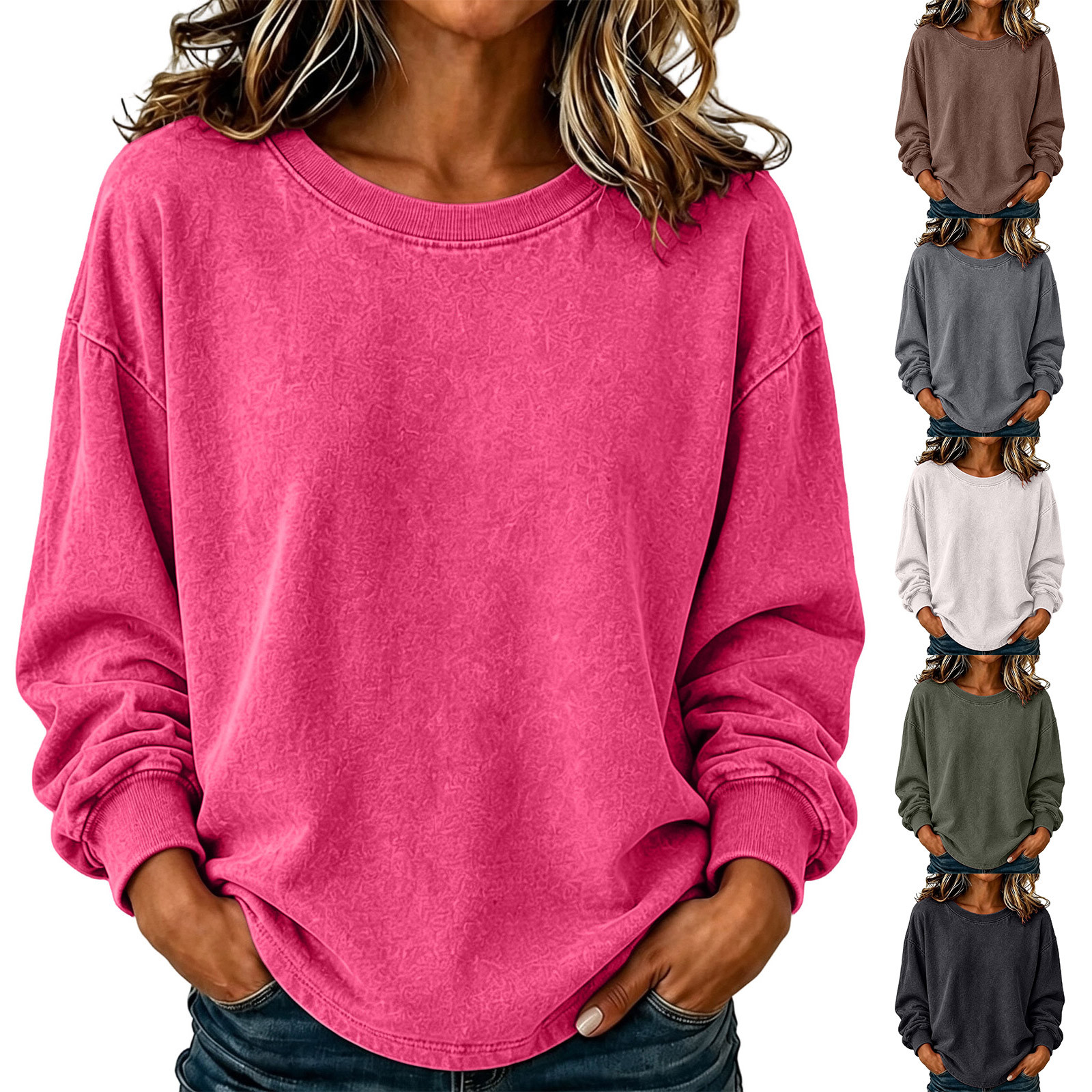 Jsaierl Womens Plus Size Lightweight Sweatshirts Fall Solid Color Crewneck Sweatshirt Cozy Athletic Pullover Retro Work Long Sleeve Tops