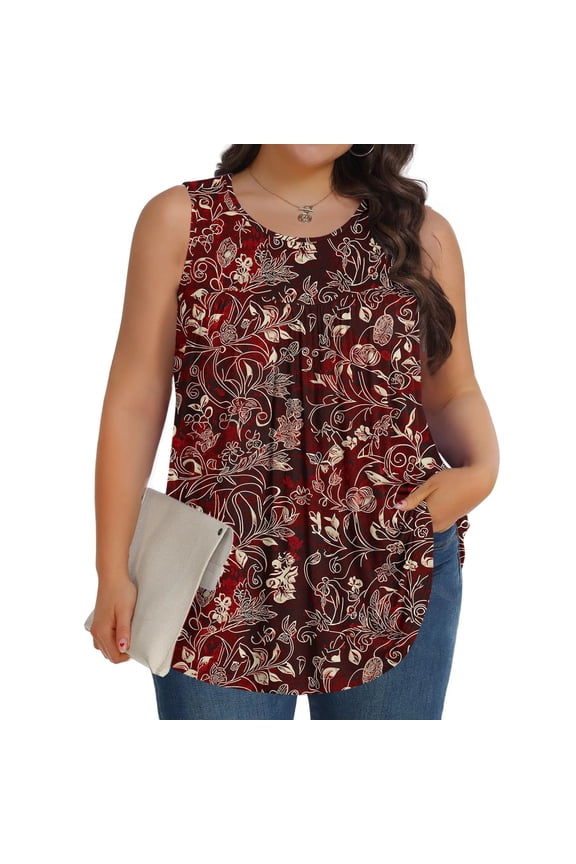 Womens Plus Size Tank Tops Summer Crewneck Sleeveless Tshirts Oversized Floral Print Tunic Blouses Flowy Hem Cami Top