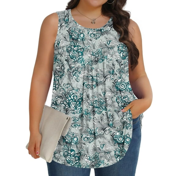 Jsaierl Womens Plus Size Tank Tops Summer Crewneck Sleeveless Tshirts Oversized Floral Print Tunic Blouses Flowy Hem Cami Top