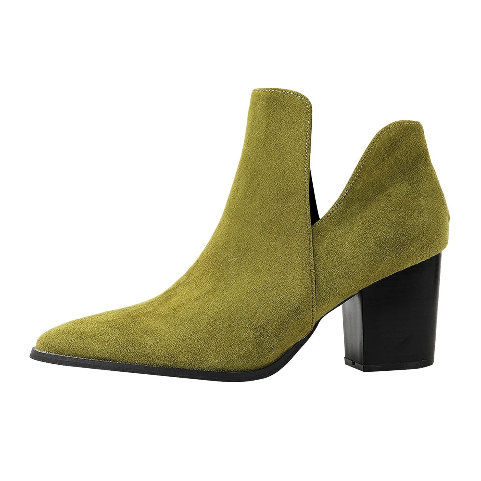 Jsaierl Womens Pointed Toe Stacked Mid Heel Ankle Boots V Cut Back