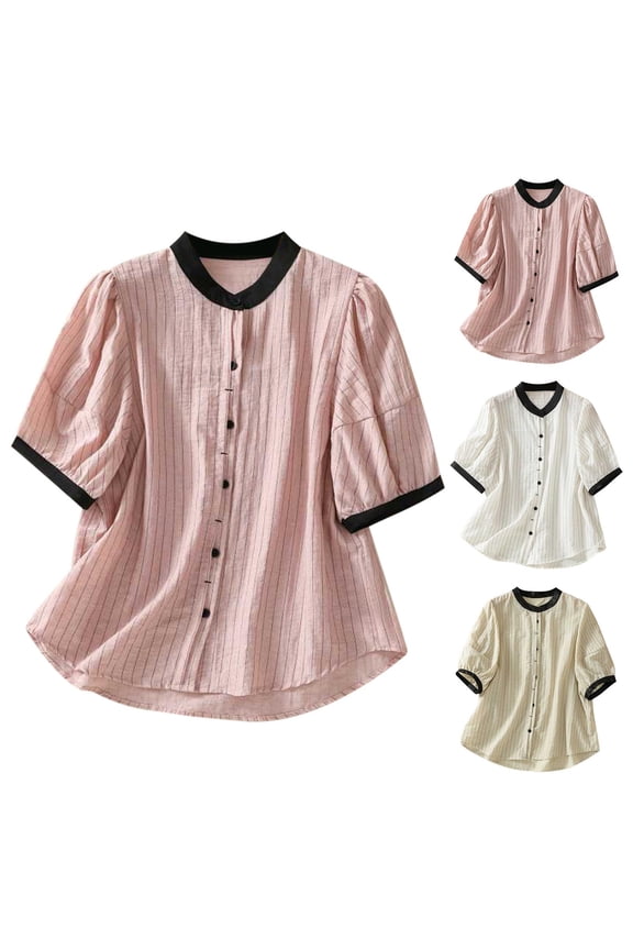 Womens Puff Sleeve Tops Summer Loose Fit Shirts V Neck Going Out Tunic Blouses Boho Striped Print T-shirts Top M-2XL