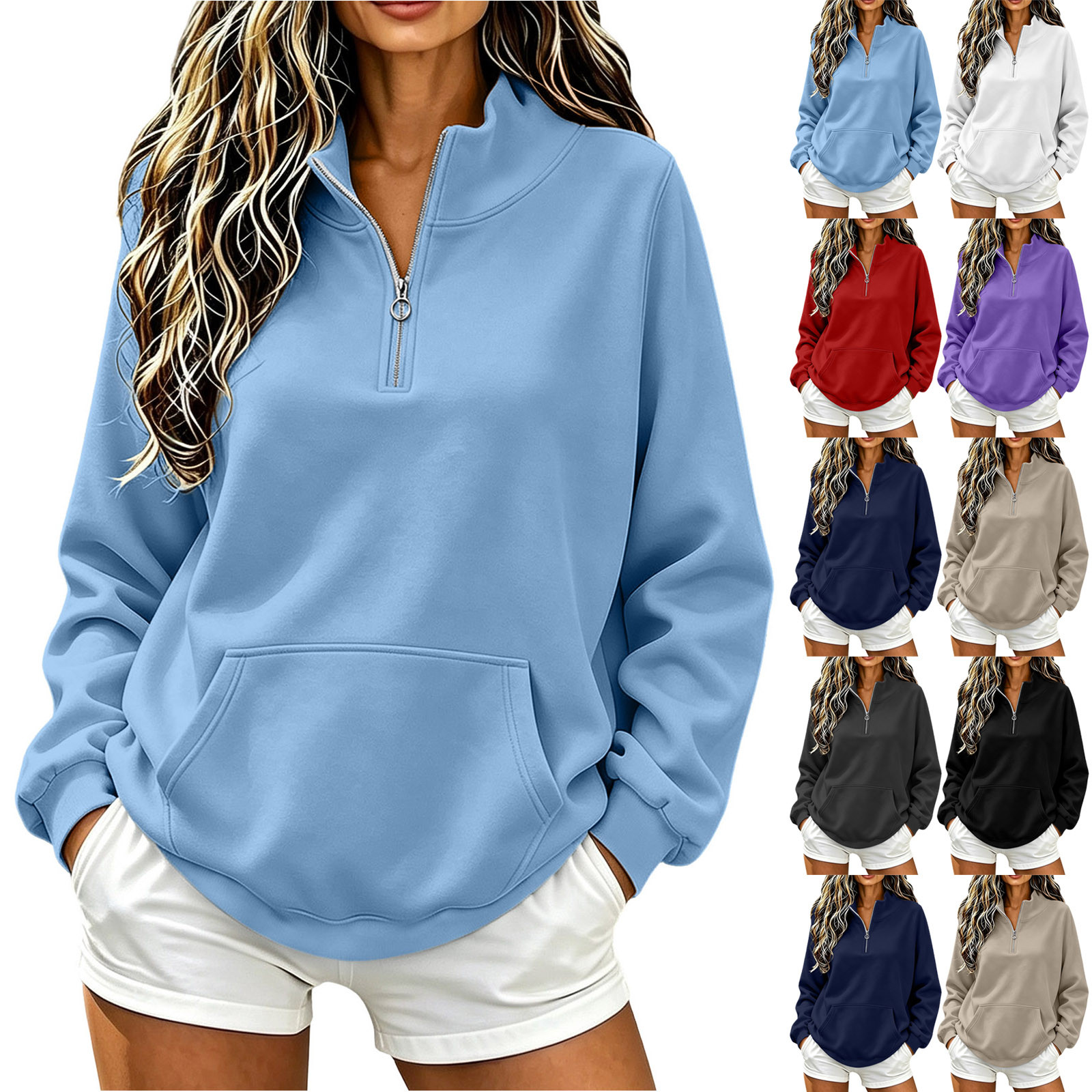 Jsaierl Womens Quarter Zip Sweatshirts Cute Solid Color Mock Neck Sweatshirt Trendy Basic Pullover Soft Work Long Sleeve Shirts