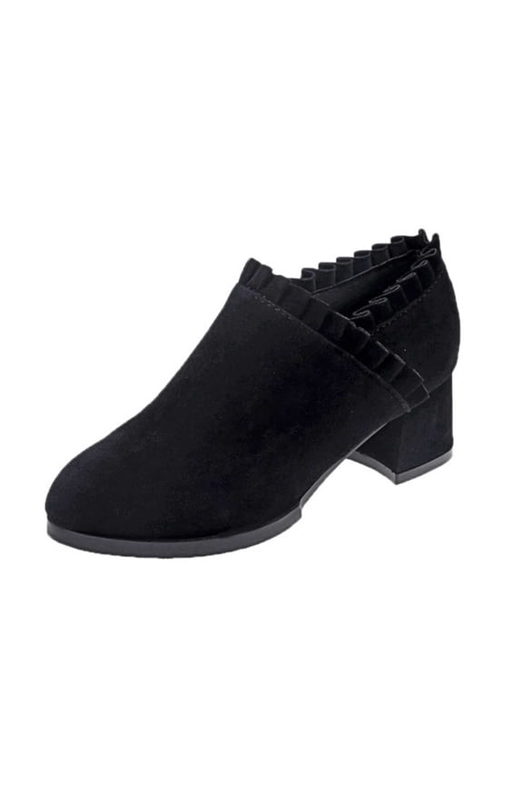 Womens Ruffled Ankle Boots V Cut Out Pointed Toe Chunky Low Heel Dressy Western Booties