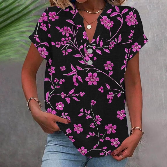 Jsaierl Womens Short Sleeve Cotton Linen Tops Plus Size Elegant Button Up Shirts V Neck Retro Tunic Blouses Fashion Graphic Tshirts Top S-5XL
