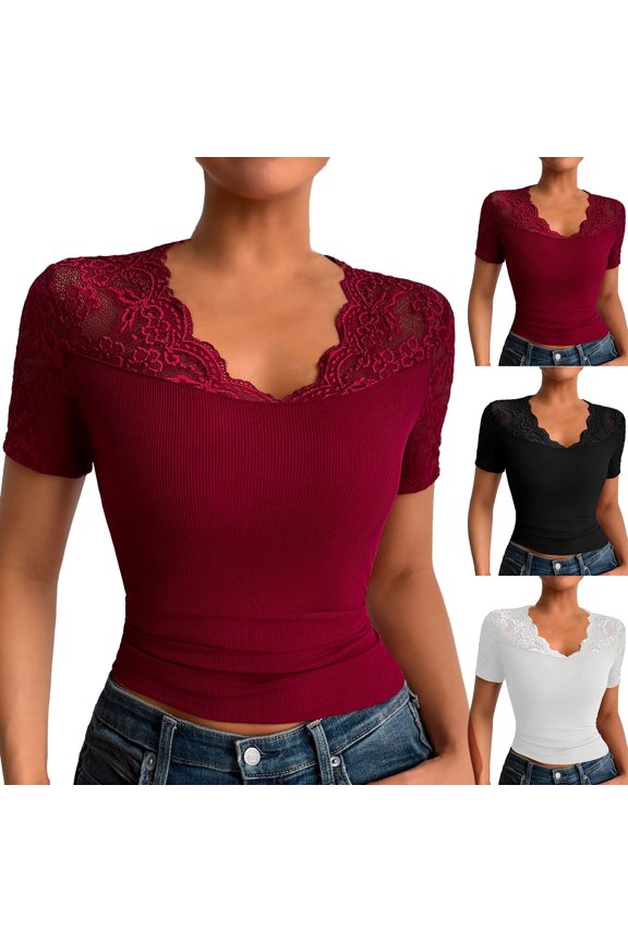 Womens Short Sleeve Lace Tops Casual Holiday Shirts V Neck Going Out Ladies Blouses Cute Print T-shirts Top S-2XL