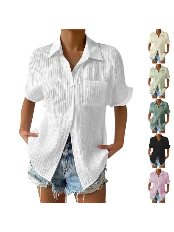Womens Short Sleeve Tops Plus Size Elegant Button Up Shirts Round Neck Flowy Ladies Blouses Fashion Plain T Shirt Top S-5XL