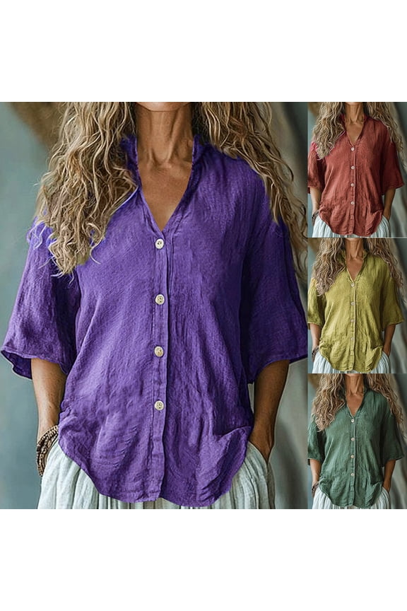Womens Short Sleeve Tops Plus Size Vacation Button Up Shirts Round Neck Soft Tunic Blouses Fashion Solid Tshirts Top S-2XL