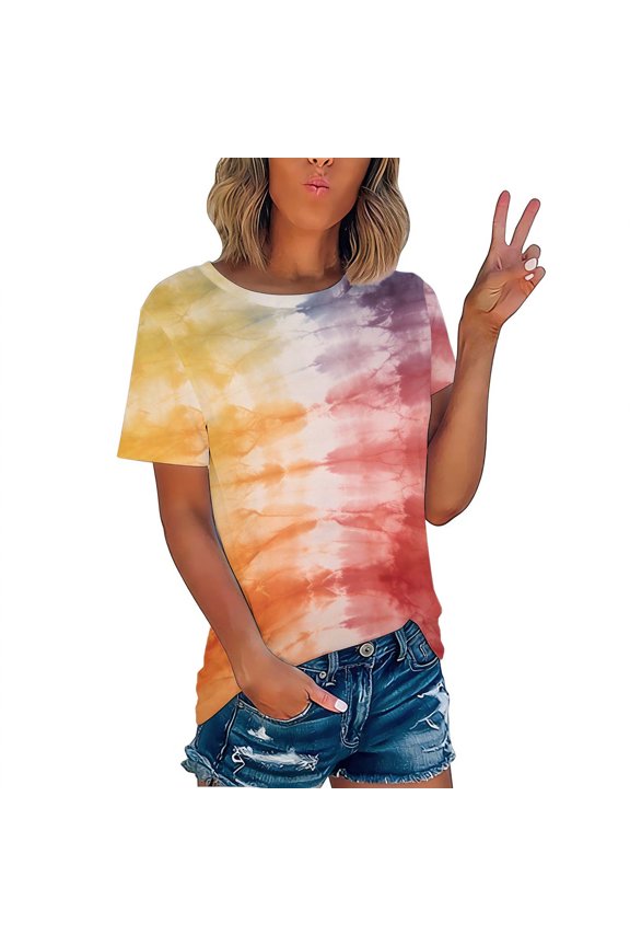 Womens Short Sleeve Tops Plus Size Vacation Shirts Round Neck Going Out Tunic Blouses Fashion Tie Dye Print T-shirts Top S-3XL