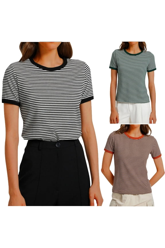 Womens Short Sleeve Tops Summer Holiday Shirts Round Neck Going Out Ladies Blouses Trendy Striped Graphic T-shirts Top M-2XL