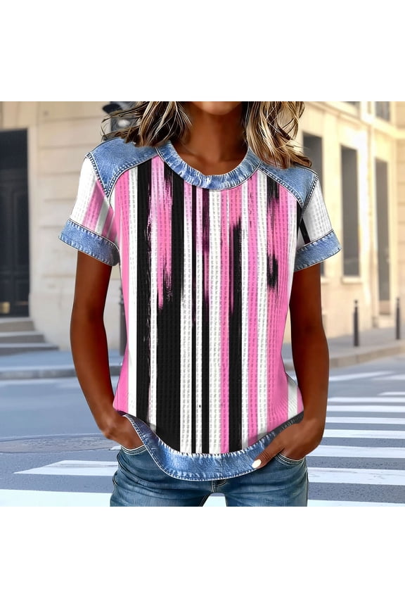 Womens Short Sleeve Waffle Tops Casual Vacation Shirts Round Neck Flowy Ladies Blouses Cute Graphic T Shirts Top S-3XL