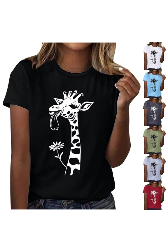 Womens Summer Giraffe Print T-Shirt Funny Crewneck Cute Animal Graphic Tees Casual Short Sleeve Tops Plus Size