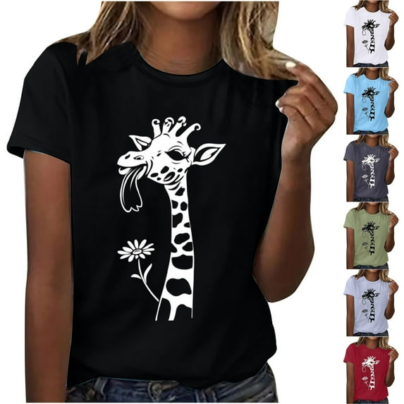 Jsaierl Womens Summer Giraffe Print T-Shirt Funny Crewneck Cute Animal Graphic Tees Casual Short Sleeve Tops Plus Size