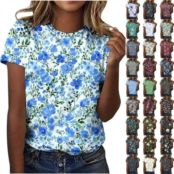 Jsaierl Womens Summer Short Sleeve Shirts Floral Printed Plus Size Round Neck Tee Blouses Casual Loose Comfy Dressy Tunic Tops