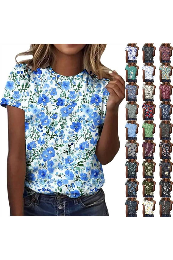 Womens Summer Short Sleeve Shirts Floral Printed Plus Size Round Neck Tee Blouses Casual Loose Comfy Dressy Tunic Tops