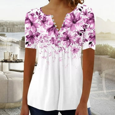 Jsaierl Womens Summer Tops 2024 Casual Dressy Hide Belly Shirts Pleated Button V Neck T-Shirt Empire Waist A-Line Floral Tunic Tops