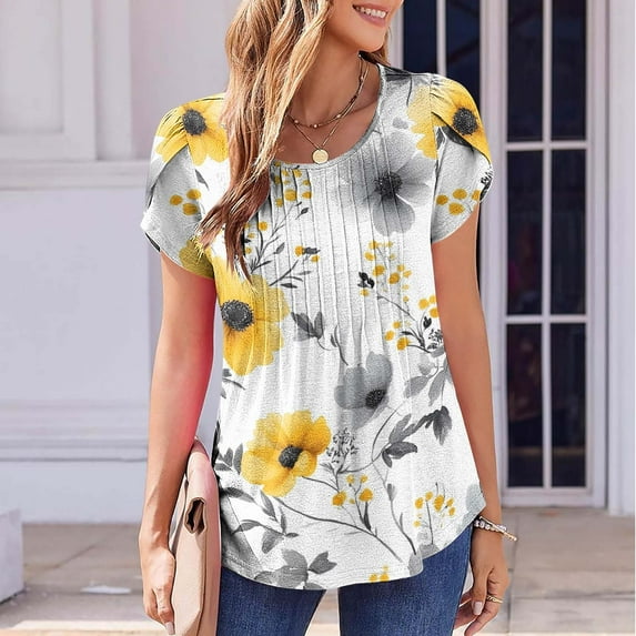 Jsaierl Womens Summer Tops 2025 Petal Short Sleeve Solid Floral Shirts Crewneck Dressy Casual Blouse Sliming Pleated Tunics
