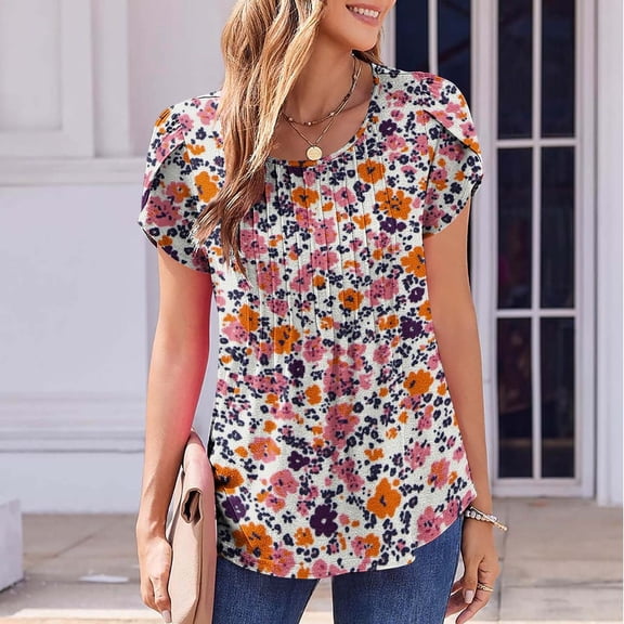Jsaierl Womens Summer Tops 2025 Petal Short Sleeve Solid Floral Shirts Crewneck Dressy Casual Blouse Sliming Pleated Tunics