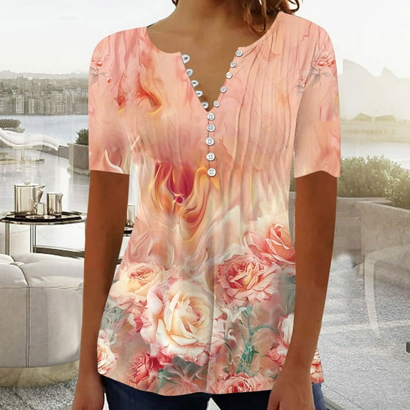 Jsaierl Womens Summer Tops Casual Dressy Hide Belly Shirts Pleated Button V Neck T-Shirt Short Sleeve Empire Waist A-Line Floral Tunic Tops
