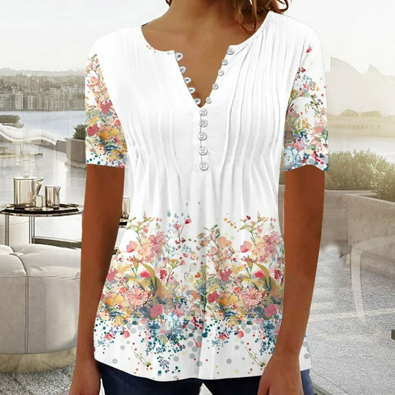 Jsaierl Womens Summer Tops Casual Dressy Hide Belly Shirts Pleated Button V Neck T-Shirt Short Sleeve Empire Waist A-Line Floral Tunic Tops