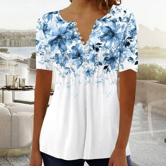 Jsaierl Womens Summer Tops Casual Dressy Hide Belly Shirts Pleated Button V Neck T-Shirt Short Sleeve Empire Waist A-Line Floral Tunic Tops
