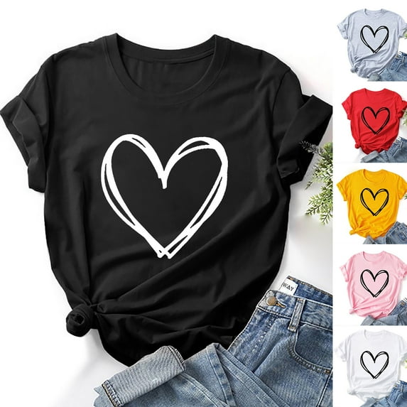 Jsaierl Womens Summer Tops Casual Heart Print Graphic Tees Cute Short Sleeve Basic Tops Going Out Crew Neck T-Shirts