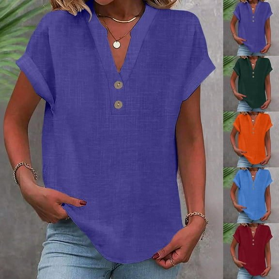 Jsaierl Womens Summer Tops Cotton Linen Short Sleeve Shirts Button V Neck Blouse Cute Casual Tops Trendy Loose Fit T Shirts