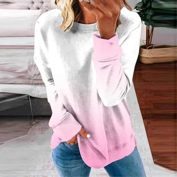 Jsaierl Womens Sweatshirt Cute Gradient Graphic Sweatshirts Round Neck Dressy Casual Sweater Tops Trendy Long Sleeve Blouses Winter Saving