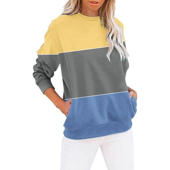 Jsaierl Womens Sweatshirts Cute Color Block Print Sweatshirts Crewneck Fall Pullover Tops Comfort Long Sleeve Shirts Winter Saving