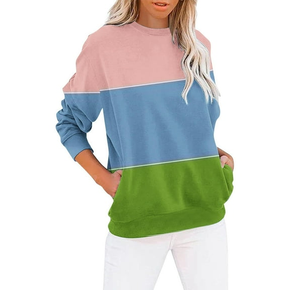 Jsaierl Womens Sweatshirts Cute Color Block Print Sweatshirts Crewneck Fall Pullover Tops Comfort Long Sleeve Shirts Winter Saving